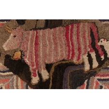 WHIMSICAL HOOKED RUG WITH A PINK STRIPED COW AND A LITTLE WHITE DOG, ca 1885-1910