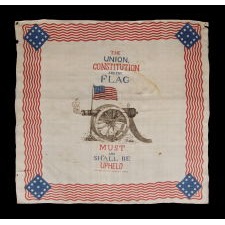 EXTREMELY RARE, PATRIOTIC, SILK KERCHIEF OF THE CIVIL WAR PERIOD, MADE IN LONDON FOR THE AMERICAN MARKET IN 1861 BY FOSTER & PORTER, WITH IMAGERY THAT CENTERS ON A SMOKING CANNON, BENEATH AN AMERICAN FLAG, WITH A PRO-UNION SLOGAN