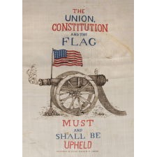 EXTREMELY RARE, PATRIOTIC, SILK KERCHIEF OF THE CIVIL WAR PERIOD, MADE IN LONDON FOR THE AMERICAN MARKET IN 1861 BY FOSTER & PORTER, WITH IMAGERY THAT CENTERS ON A SMOKING CANNON, BENEATH AN AMERICAN FLAG, WITH A PRO-UNION SLOGAN