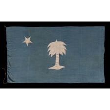 THE EARLIEST SOUTH CAROLINA PALMETTO FLAG IN PRIVATE HANDS, MADE CA 1830-60, WITH BEAUTIFUL COLOR AND A LONE STAR IN PLACE OF A CRESCENT, HANDED DOWN THROUGH THE FAMILY OF GENERAL PHILIP D. COOK (b. 1804, d. 1872) OF THE SOUTH CAROLINA MILITIA, WHO MUSTERED INTO THE HOLCOMB LEGION OF CHARLESTON AND SERVED IN CONFEDERATE CAVALRY COMPANY B (CONGAREE CAVALIERS); FOUND IN A SLIDE-LID WALNUT BOX ACCOMPANIED BY COOK’S MILITIA EPAULETS, RIDING BOOTS, AND COCKADE WITH A CADET BUTTON FROM THE CITADEL