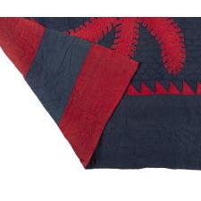 PRINCESS FEATHER QUILT IN PATRIOTIC COLORS, STUNNING & HIGHLY UNUSUAL WITH SOLID RED ON A DARK BLUE GROUND, CIRCA 1870-1885