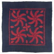 PRINCESS FEATHER QUILT IN PATRIOTIC COLORS, STUNNING & HIGHLY UNUSUAL WITH SOLID RED ON A DARK BLUE GROUND, CIRCA 1870-1885