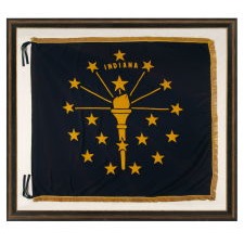 INDIANA STATE FLAG WITH SQUARE-LIKE PROPORTIONS, AN OFFSET DEVICE, AND GOLD FRINGE, CIRCA 1930-1955