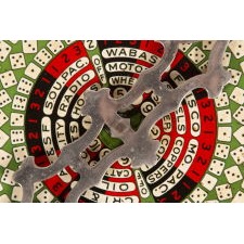 COLORFUL PAINTED SHEET METAL GAME WHEEL ON A SHAPED WOODEN FRAME WITH A NICKLE-PLATED SPINNER, “THE ALL-IN-ONE GAME,” MADE IN ST. LOUIS, circa 1890-1910