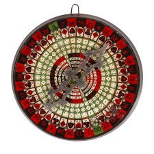 COLORFUL PAINTED SHEET METAL GAME WHEEL ON A SHAPED WOODEN FRAME WITH A NICKLE-PLATED SPINNER, “THE ALL-IN-ONE GAME,” MADE IN ST. LOUIS, circa 1890-1910