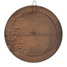 COLORFUL PAINTED SHEET METAL GAME WHEEL ON A SHAPED WOODEN FRAME WITH A NICKLE-PLATED SPINNER, circa 1890-1910