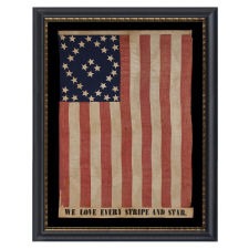 SPECTACULAR 34 STAR FLAG WITH AN EXTREMELY RARE AND BEAUTIFUL DIAMOND CONFIGURATION, AND AN APPLIED BANNER WITH A STENCILED PATRIOTIC SLOGAN, AMONG THE BEST EXAMPLES I HAVE EVER OWNED, KANSAS STATEHOOD, OPENING TWO YEARS OF THE CIVIL WAR, 1861-63