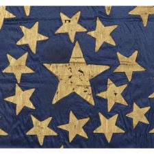 33 GILT-PAINTED STARS IN THREE DIFFERENT SIZES, ARRANGED IN AN INVERTED "GREAT STAR" PATTERN, ON AN ENTIRELY SILK FLAG; AN EXTRAORDINARY EXAMPLE, PROBABLY MADE FOR A STATE MILITIA UNIT, PRE-CIVIL WAR THROUGH WAR PERIOD, 1859-1861, OREGON STATEHOOD