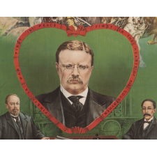 BOLDLY GRAPHIC AND COLORFUL TEDDY ROOSEVELT TEXTILE, WITH HIS PORTRAIT IN A LARGE HEART AND ROUGH RIDERS ABOVE, MADE TO CELEBRATE HIS RECEIPT OF THE NOBEL PRIZE FOR PEACE IN 1906