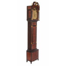 EXHUBERANTLY PAINTED, NEW ENGLAND TALL CASE CLOCK IN DARK UMBER, RED, & CHROME YELLOW DECORATION, WITH WOODEN WORKS BY RILEY WHITING, PLYMOUTH, CONNECTICUT, CA 1819-1835