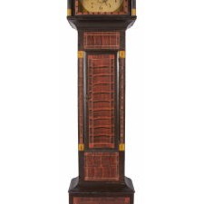EXHUBERANTLY PAINTED, NEW ENGLAND TALL CASE CLOCK IN DARK UMBER, RED, & CHROME YELLOW DECORATION, WITH WOODEN WORKS BY RILEY WHITING, PLYMOUTH, CONNECTICUT, CA 1819-1835