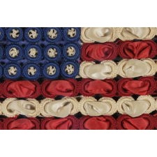 48 CROCHETED STARS ON A VERY GRAPHIC, THREE-DIMENSIONAL FLAG MADE FROM SILK RIBBON AND CROCHETED RINGS, WWI ERA (U.S. INVOLVEMENT 1917-18)
