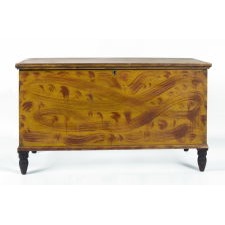 YELLOW-PAINTED AMERICAN BLANKLET CHEST WITH WHIMSICAL, RED, BRUSHED DECORATION, ON BLACK, TURNED FEET, PENNSYLVANIA OR OHIO, GERMANIC ORIGIN, CIRC 1830