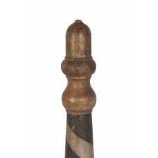 DIMINUTIVE, BLACK & WHITE BARBER POLE WITH ACORN FINIALS AND EXCEPTIONAL, EARLY SURFACE, CIRCA 1840-1860