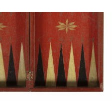 RED, BLACK, AND OCHRE WHITE-PAINTED, FOLDING BACKGAMMON GAME BOARD WITH LEAF-LIKE MEDALLIONS, CIRCA 1870-1890