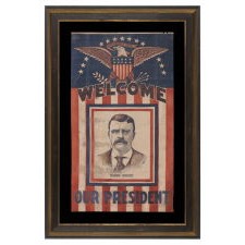 STRIKING TEDDY ROOSEVELT PARADE FLAG-STYLE BANNER WITH LARGE EAGLE & “WELCOME OUR PRESIDENT” TEXT, MADE BETWEEN 1901 AND 1908, WHEN HE WAS PRESIDENT OF THE UNITED STATES, OR IN 1912 WHEN HE RAN AGAIN ON THE PROGRESSIVE PARTY (BULL MOOSE) TICKET