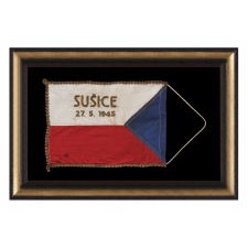 WWII CZECHOSLOVAKIA NATIONAL FLAG, MADE FOR USE WHEN AMERICAN TROOPS LIBERATED THE TOWN OF SUSICE FROM NAZI GERMANY IN MAY OF 1945