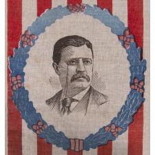 EXCEPTIONAL PARADE FLAG STYLE BANNER, WITH A LARGE EAGLE AND 13 STARS ABOVE A PORTRAIT OF THEODORE ROOSEVELT, SET WITHIN A RING OF OAK LEAVES & ACORNS; MADE FOR HIS 1912 PRESIDENTIAL CAMPAIGN