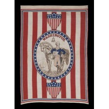 1876 CENTENNIAL CELEBRATION PARADE BANNER WITH OVAL STANDING PORTRAIT OF GEORGE WASHINGTON AND HIS HORSE ON A GROUND OF RED & WHITE STRIPES