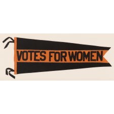 LARGE, SWALLOWTAILED, SUFFRAGETTE PENNANT IN A BLACK & ORANGE COLOR COMBINATION UNIQUE TO THIS EXAMPLE, WITH APPLIED LETTERING THAT READS "VOTES FOR WOMEN” DOWN A WIDE, CENTRAL STRIPE, CIRCA 1912-1920