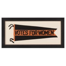 LARGE, SWALLOWTAILED, SUFFRAGETTE PENNANT IN A BLACK & ORANGE COLOR COMBINATION UNIQUE TO THIS EXAMPLE, WITH APPLIED LETTERING THAT READS "VOTES FOR WOMEN” DOWN A WIDE, CENTRAL STRIPE, THIS PRECISE EXAMPLE ILLUSTRATED IN THE BEST REFERENCE ON SUFFRAGE OBJECTS, POSSIBLY WITH TIES TO NEW JERSEY; MADE circa 1912-1919