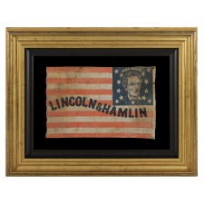 IMPORTANT ABRAHAM LINCOLN PORTRAIT FLAG WITH 13 STARS AND "WIDE AWAKE" SLOGAN, FROM THE 1860 CAMPAIGN WITH VICE PRESIDENTIAL CANDIDATE HANNIBAL HAMLIN, AKIN TO A FLAG IN THE COLLECTION AT FORD'S THEATER