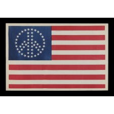 52 STAR AMERICAN FLAG CLOTH JACKET EMBLEM WITH PEACE SYMBOL CONFIGURATION, CA 1964-1975