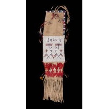 PATRIOTIC, NATIVE AMERICAN, BEADED & QUILLED PIPE BAG, WITH AMERICAN FLAGS AND THE VERY RARE INCLUSION OF THE DATE OF JULY 4TH, SELDOM EVER ENCOUNTERED ON EARLY TEXTILES OR INDIAN BEADWORK, PROBABLY SIOUX, CIRCA 1890-1910