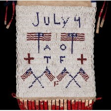 PATRIOTIC, NATIVE AMERICAN, BEADED & QUILLED PIPE BAG, WITH AMERICAN FLAGS AND THE VERY RARE INCLUSION OF THE DATE OF JULY 4TH, SELDOM EVER ENCOUNTERED ON EARLY TEXTILES OR INDIAN BEADWORK, PROBABLY SIOUX, CIRCA 1890-1910