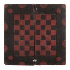 DIMINUTIVE CHECKERBOARD IN BLACK AND RED PAINT WITH RED POLKA DOTS, CIRCA 1820-1840