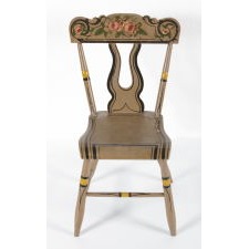 SET OF 6, OCHRE WHITE / PUTTY-COLORED, PLANK-SEATED, LYRE BACK, PENNSYLVANIA CHAIRS WITH STRONG DECORATION, CA 1840-1860