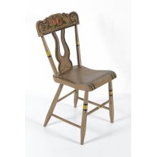 SET OF 6, OCHRE WHITE / PUTTY-COLORED, PLANK-SEATED, LYRE BACK, PENNSYLVANIA CHAIRS WITH STRONG DECORATION, CA 1840-1860