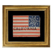 31 STARS ARRANGED IN A RARE VARIATION OF THE “GREAT STAR” PATTERN, WITH THE WORD "CALIFORNIA" PAINTED IN THE STRIPES, A PRE-CIVIL WAR FLAG, CALIFORNIA STATEHOOD, 1850-1858, PART OF A SERIES OF THESE FLAGS, THOUGHT TO HAVE BEEN USED AT THE WIGWAM CONVENTION (THE 1860 REPUBLICAN NATIONAL CONVENTION) IN CHICAGO