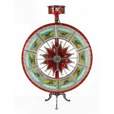 EXCEPTIONALLY GRAPHIC AND COLORFUL RACE HORSE GAME WHEEL, MADE BY H.C. EVANS, CHICAGO, CA 1920-50