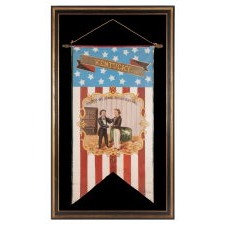HAND-PAINTED PATRIOTIC BANNER WITH THE SEAL OF THE STATE OF KENTUCKY AND SPECTACULAR PRESENTATION, WITH GREAT FOLK QUALITIES, PROBABLY MADE FOR THE 1868 DEMOCRAT NATIONAL CONVENTION IN NEW YORK CITY