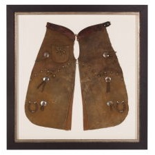 KIDS' BATWING LEATHER CHAPS WITH HORSESHOES, SILVER-PLATED CONCHOS AND STUDS, ca 1930-40