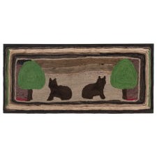 EXCEPTIONAL AND HIGHLY UNUSUAL, 19TH CENTURY, “STITCH-IN-THE-DITCH” WOOL RUG, WITH TWO SEATED CATS AND TWO TREES, FOUND IN MAINE, circa 1880 – 1890