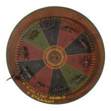 PAINT-DECORATED, 19TH CENTURY, RACEHORSE GAME WHEEL WITH CAST ZINC HORSES AND EXCEPTIONAL, ORIGINAL SURFACE, circa 1880-90