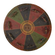 PAINT-DECORATED, 19TH CENTURY, RACEHORSE GAME WHEEL WITH CAST ZINC HORSES AND EXCEPTIONAL, ORIGINAL SURFACE, circa 1880-90