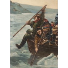 WASHINGTON CROSSING THE DELAWARE, PAINTED IN OIL ON CANVAS, IN AN IMPRESSIVE SCALE, AFTER THE 1851 PAINTING BY EMANUEL LEUTZE; FOUND IN A HOUSE APPROXIMATELY ONE MILE FROM WHERE THE CELEBRATED EVENT TOOK PLACE, PROBABLY PAINTED FOR THE 1876 CENTENNIAL OF AMERICAN INDEPENDENCE