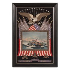 ELABORATE SAILOR’S SOUVENIR EMBROIDERY FROM THE ORIENT WITH A BEAUTIFUL HAND-PAINTED IMAGE OF WASHINGTON CROSSING THE DELAWARE, SURROUNDED BY A LARGE EAGLE, FEDERAL SHIELD, CROSSED FLAGS, A CANNON, CANNONBALLS, AND ANCHOR, circa 1885-1910