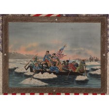 ELABORATE SAILOR’S SOUVENIR EMBROIDERY FROM THE ORIENT WITH A BEAUTIFUL HAND-PAINTED IMAGE OF WASHINGTON CROSSING THE DELAWARE, SURROUNDED BY A LARGE EAGLE, FEDERAL SHIELD, CROSSED FLAGS, A CANNON, CANNONBALLS, AND ANCHOR, circa 1885-1910