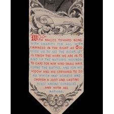 STEVENSGRAPH BOOKMARK WITH AN IMAGE OF ABRAHAM LINCOLN, MADE IN NEW JERSEY BY PHOENIX MANUFACTURING CO., EITHER FOR THE 1876 CENTENNIAL INTERNATIONAL EXHIBITION IN PHILADELPHIA, OR THE 1893 WORLD COLUMBIAN EXPO IN CHICAGO