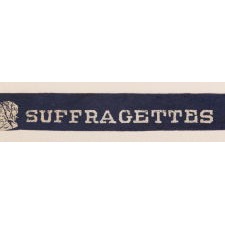 EXTRAORDINARY LENGTH OF BLUE, FELT RIBBON FROM THE WOMEN'S SUFFRAGE MOVEMENT, OF THE TYPE WORN AS HATBANDS, ARMBANDS, AND NARROW SASHES; THE ONLY EARLY TEXTILE OF ANY SORT THAT I HAVE EVER SEEN THAT ACTUALLY INCLUDES THE WORD “SUFFRAGETTES,” ONE-OF-A-KIND AMONG KNOWN EXAMPLES, PROBABLY OF NEW YORK ORIGIN, circa 1910-20