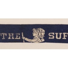 EXTRAORDINARY LENGTH OF BLUE, FELT RIBBON FROM THE WOMEN'S SUFFRAGE MOVEMENT, OF THE TYPE WORN AS HATBANDS, ARMBANDS, AND NARROW SASHES; THE ONLY EARLY TEXTILE OF ANY SORT THAT I HAVE EVER SEEN THAT ACTUALLY INCLUDES THE WORD “SUFFRAGETTES,” ONE-OF-A-KIND AMONG KNOWN EXAMPLES, PROBABLY OF NEW YORK ORIGIN, circa 1910-20