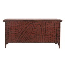 PAINT-DECORATED, MAINE BLANKET CHEST, CIRCA 1790-1810, IN EARLY RED PAINT WITH BLACK DECORATION THAT INCLUDES A REPEATING, STYLIZED “M”