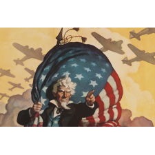 STRIKING AND RARE WWII POSTER BY N.C. WYETH, WITH A WINDSWEPT IMAGE OF A FERVANT UNCLE SAM DIRECTING AMERICAN TROOPS TO THE FIGHT