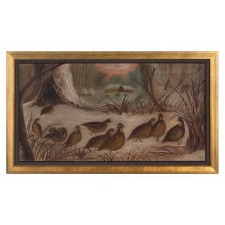 FOLK PAINTING OF FOURTEEN BOBWHITE QUAIL, OIL ON CANVAS IN AN ELONGATED FORMAT, circa 1890-1920