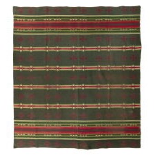 WOOL HORSE BLANKET IN FOREST GREEN & BURGUNDY, WITH GEOMETRIC AND STRIPED DESIGNS, LATE 19TH CENTURY