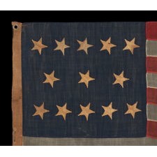ANTIQUE AMERICAN FLAG WITH 13 HAND-SEWN STARS IN AN EXTREMELY RARE LINEAL CONFIGURATION OF 5-3-5, PROBABLY MADE WITH THE INTENT OF USE BY LOCAL MILITIA OR PRIVATE OUTFITTING OF A VOLUNTEER COMPANY, CIVIL WAR PERIOD, 1861-1865; EXHIBITED AT THE MUSEUM OF THE AMERICAN REVOLUTION FROM JUNE – JULY, 2019